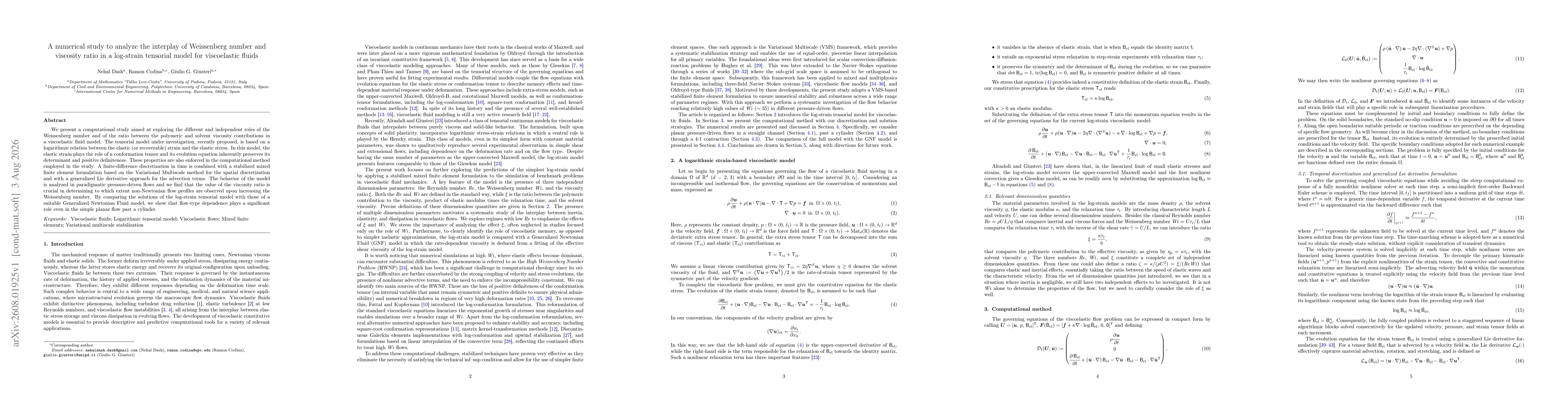 Thumbnail for A numerical study to analyze the interplay of Weissenberg number and viscosity ratio in a log-strain tensorial model for viscoelastic fluids
