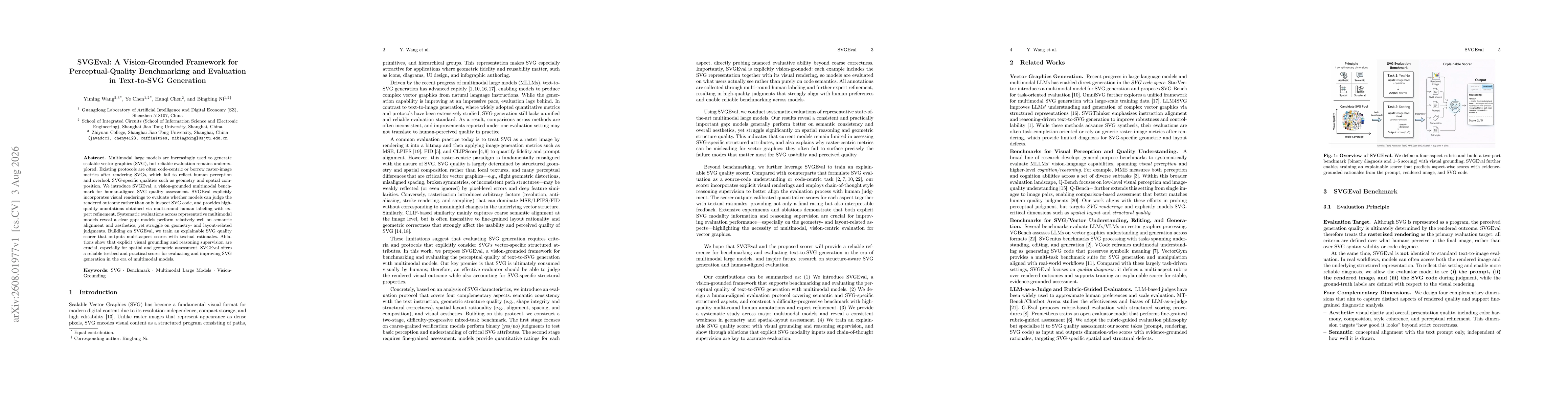 Thumbnail for SVGEval: A Vision-Grounded Framework for Perceptual-Quality Benchmarking and Evaluation in Text-to-SVG Generation
