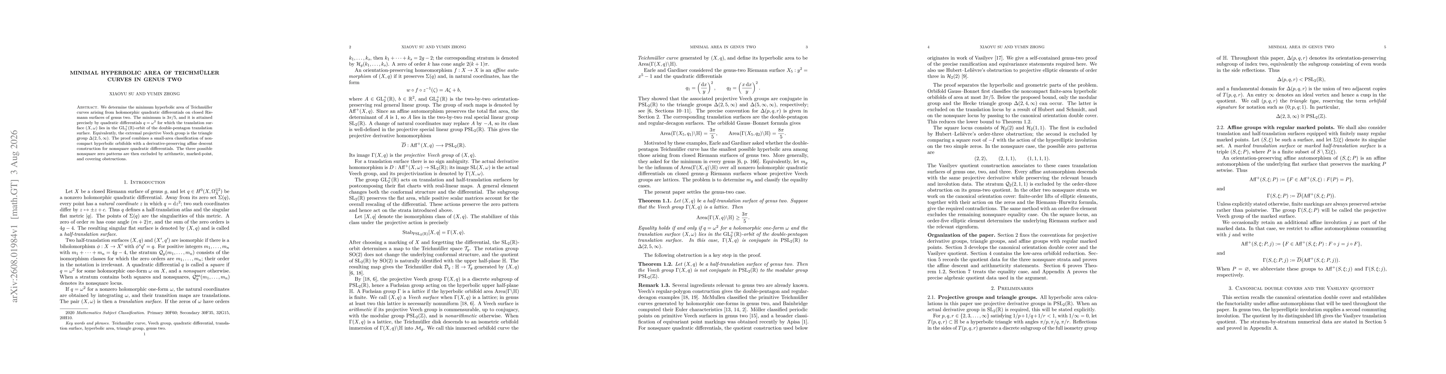 Thumbnail for Minimal Hyperbolic Area of Teichmuller Curves in Genus Two