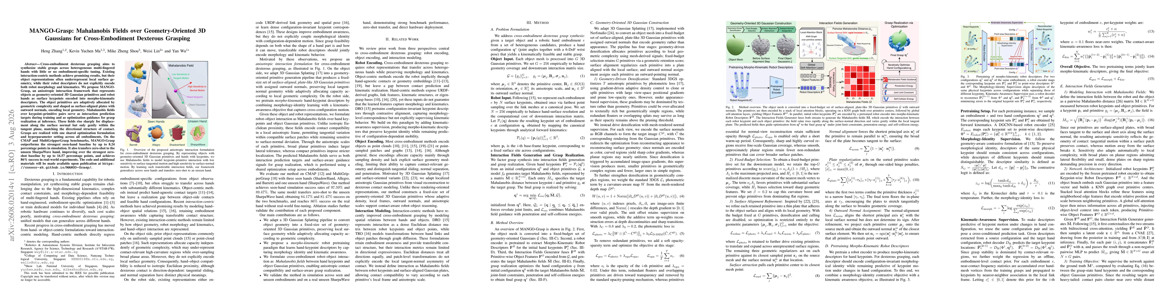 Thumbnail for MANGO-Grasp: Mahalanobis Fields over Geometry-Oriented 3D Gaussians for Cross-Embodiment Dexterous Grasping