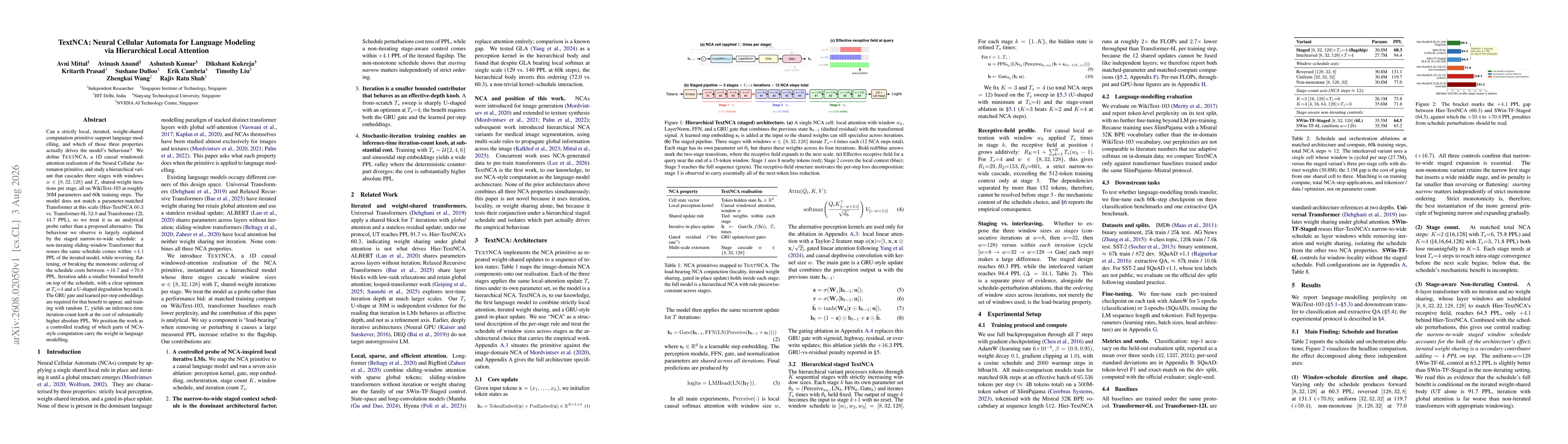 Thumbnail for TextNCA: Neural Cellular Automata for Language Modeling via Hierarchical Local Attention