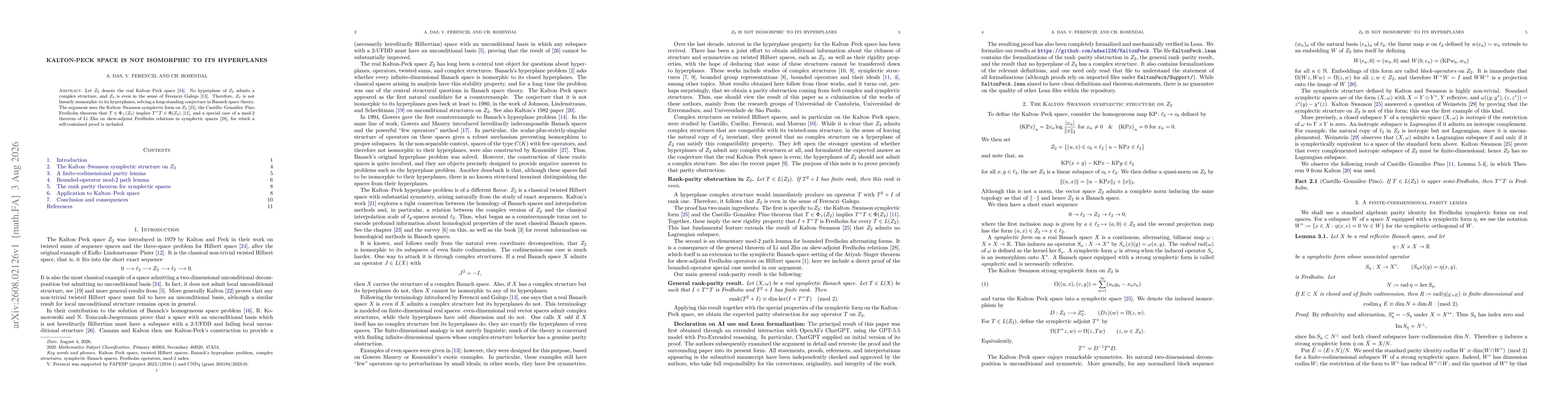 Thumbnail for Kalton-Peck space is not isomorphic to its hyperplanes
