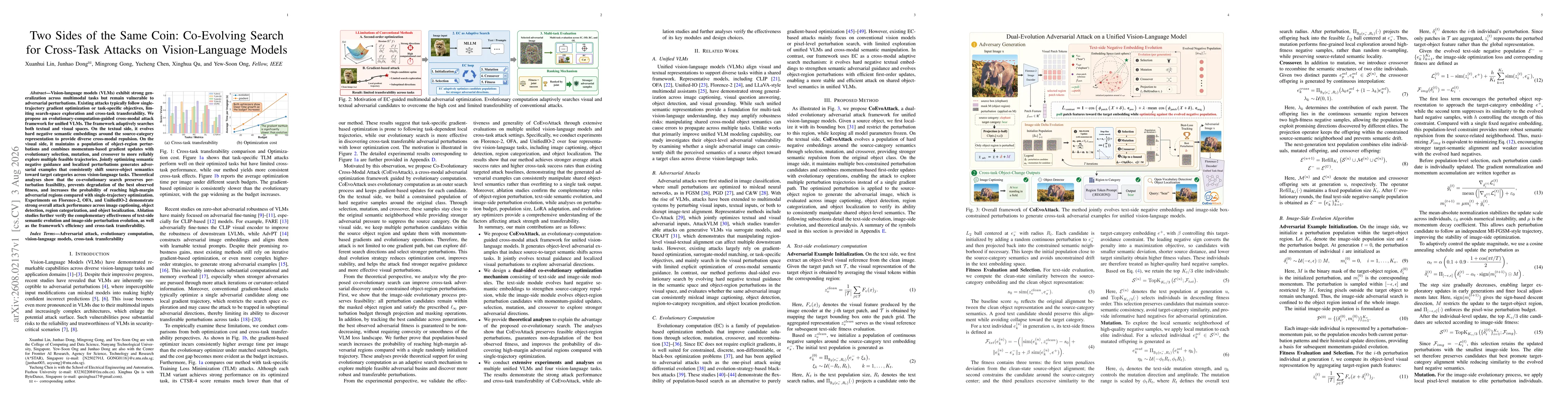 Thumbnail for Two Sides of the Same Coin: Co-Evolving Search for Cross-Task Attacks on Vision-Language Models