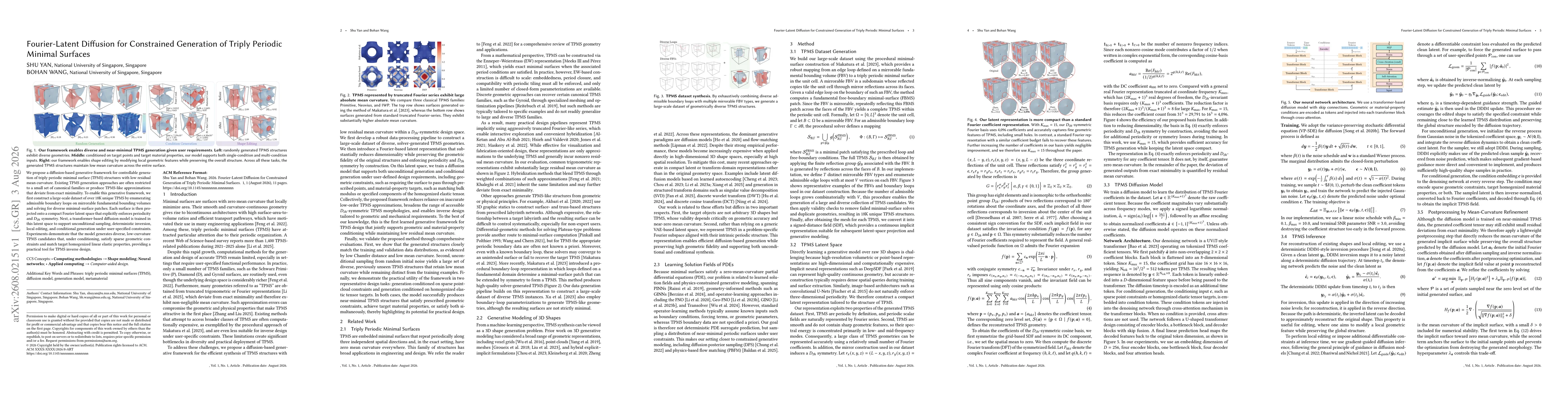 Thumbnail for Fourier-Latent Diffusion for Constrained Generation of Triply Periodic Minimal Surfaces