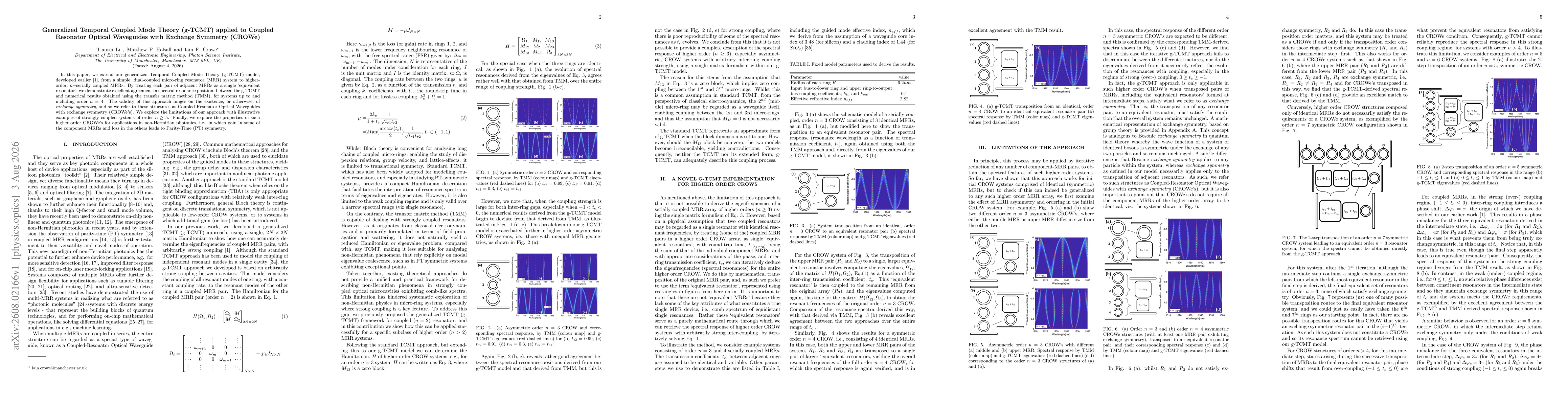 Thumbnail for Generalized Temporal Coupled Mode Theory (g-TCMT) applied to Coupled Resonator Optical Waveguides with Exchange Symmetry (CROWe)