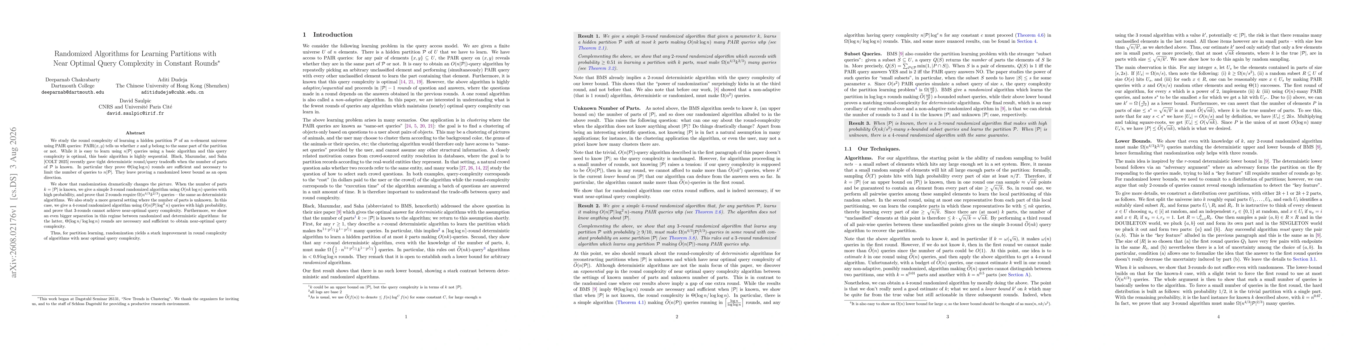 Thumbnail for Randomized Algorithms for Learning Partitions with Near Optimal Query Complexity in Constant Rounds