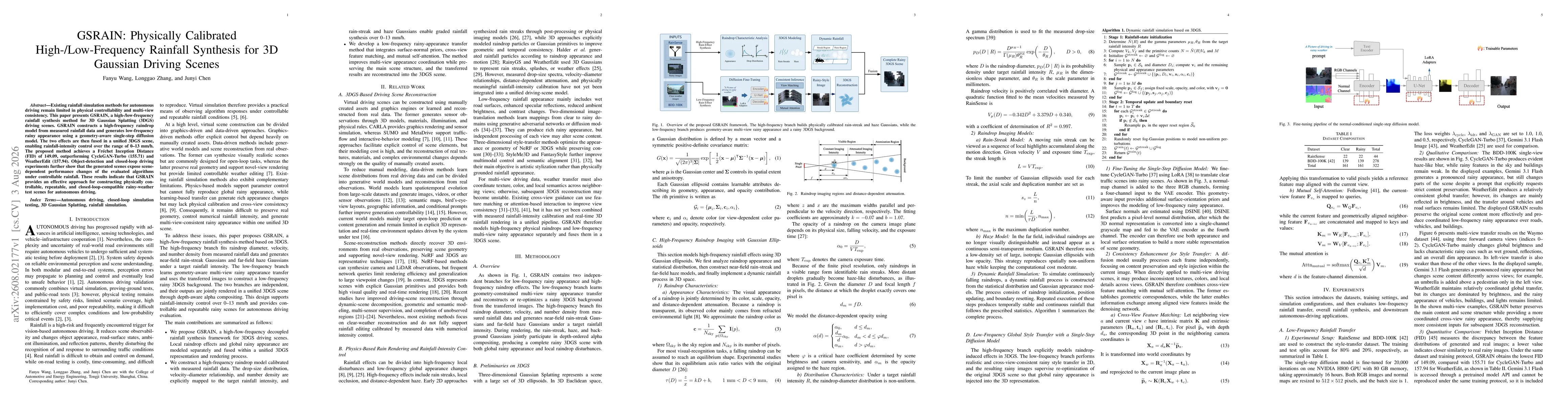 Thumbnail for GSRAIN: Physically Calibrated High-/Low-Frequency Rainfall Synthesis for 3D Gaussian Driving Scenes