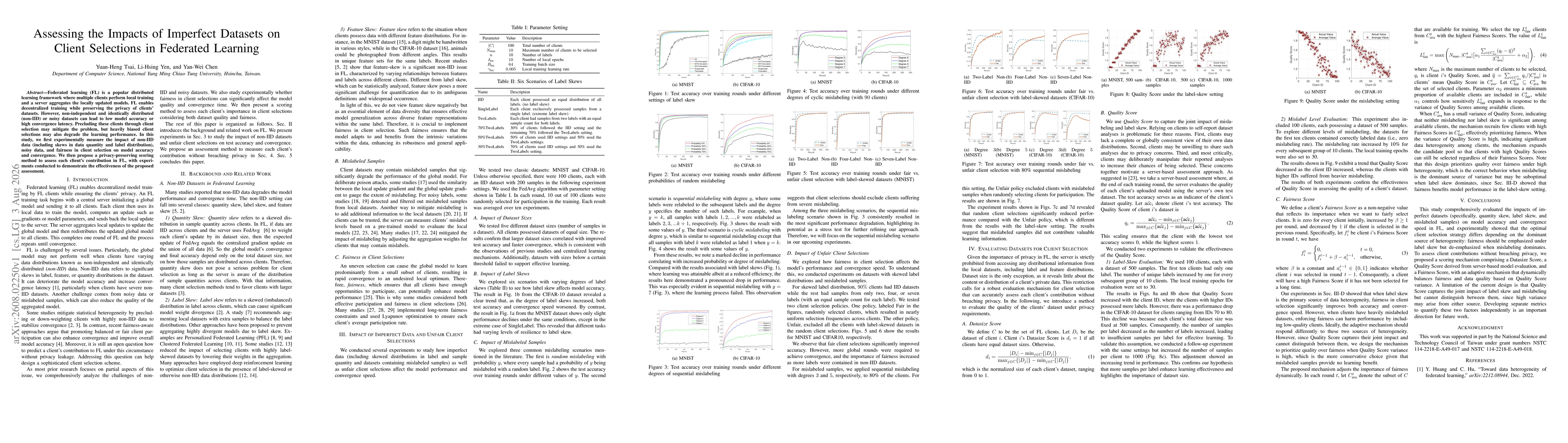 Thumbnail for Assessing the Impacts of Imperfect Datasets on Client Selections in Federated Learning