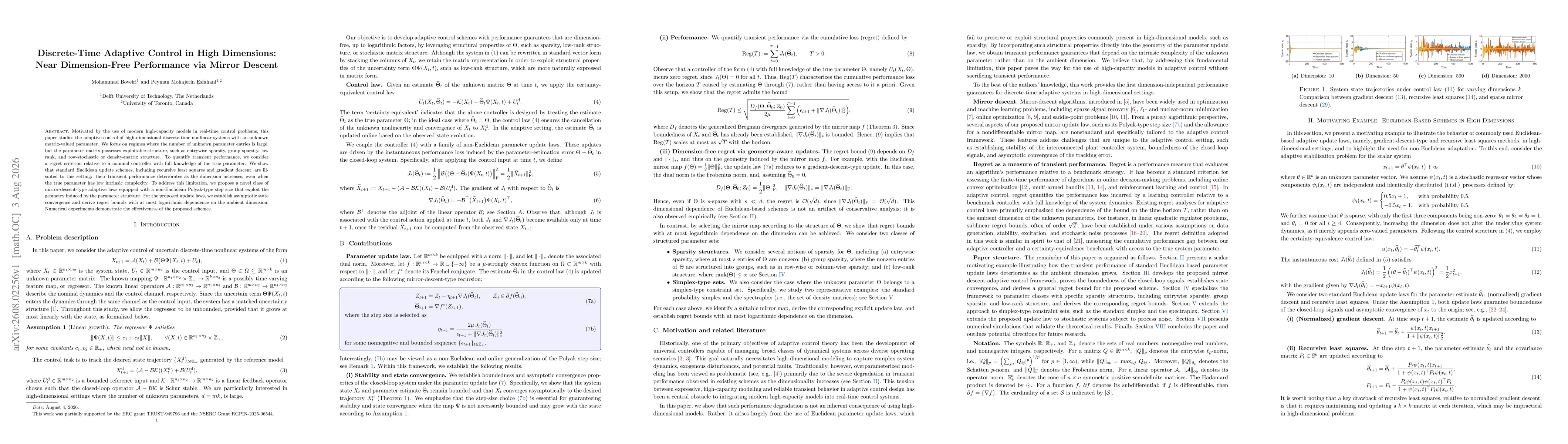 Thumbnail for Discrete-Time Adaptive Control in High Dimensions: Near Dimension-Free Performance via Mirror Descent