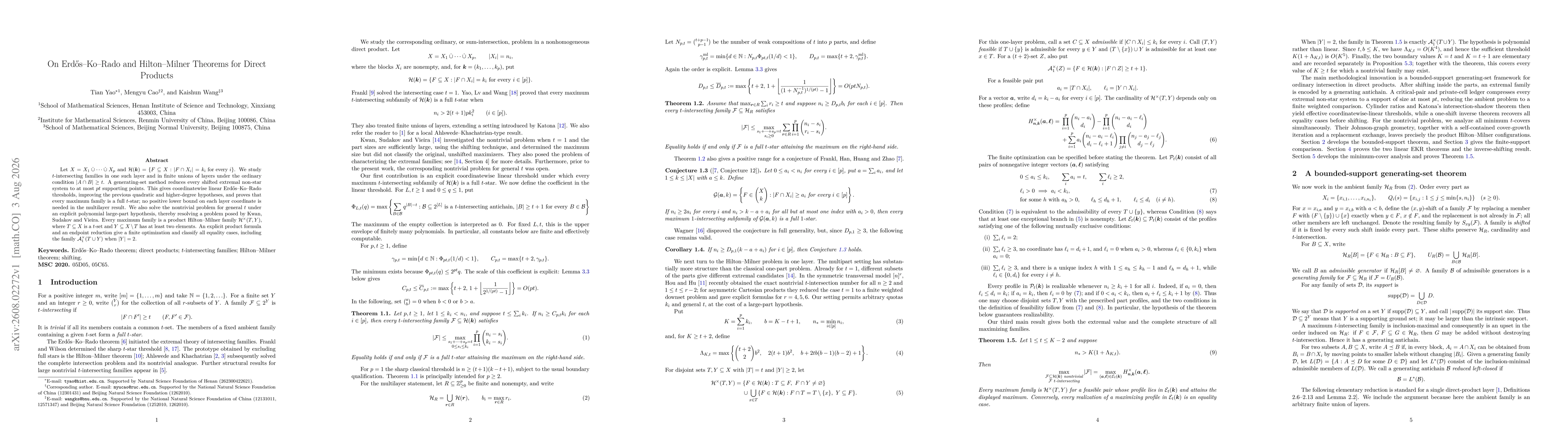 Thumbnail for On Erdős--Ko--Rado and Hilton--Milner Theorems for Direct Products