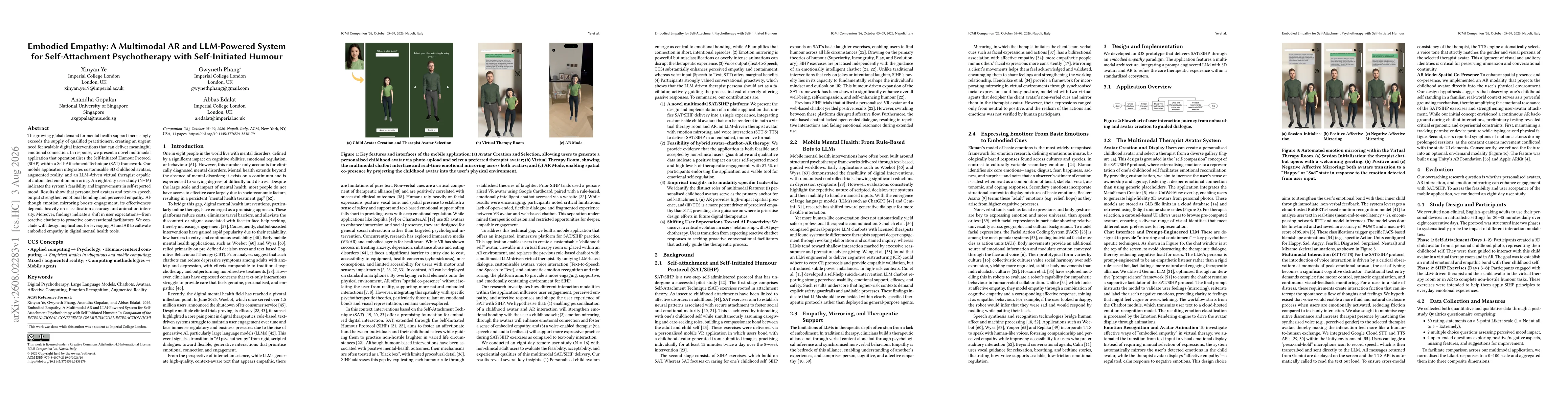 Thumbnail for Embodied Empathy: A Multimodal AR and LLM-Powered System for Self-Attachment Psychotherapy with Self-Initiated Humour