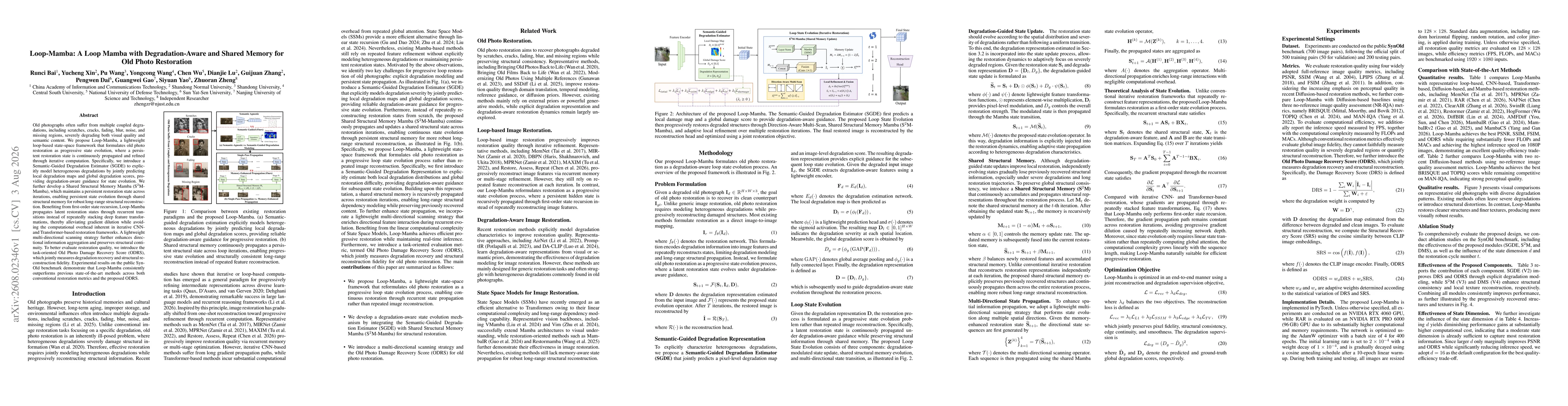 Thumbnail for Loop-Mamba: A Loop Mamba with Degradation-Aware and Shared Memory for Old Photo Restoration
