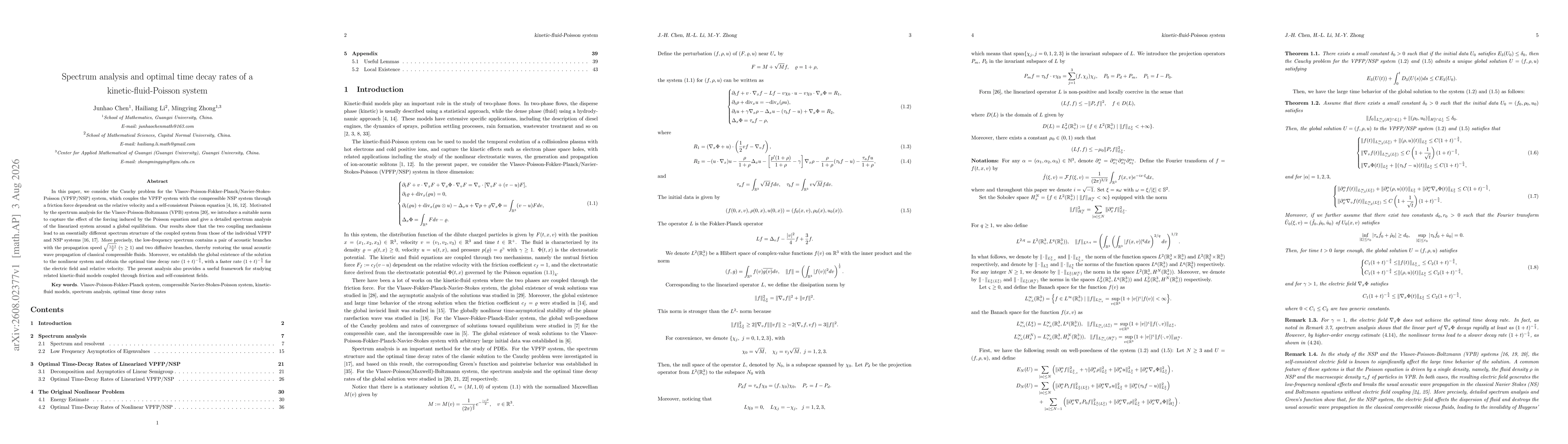 Thumbnail for Spectrum analysis and optimal time decay rates of a kinetic-fluid-Poisson system