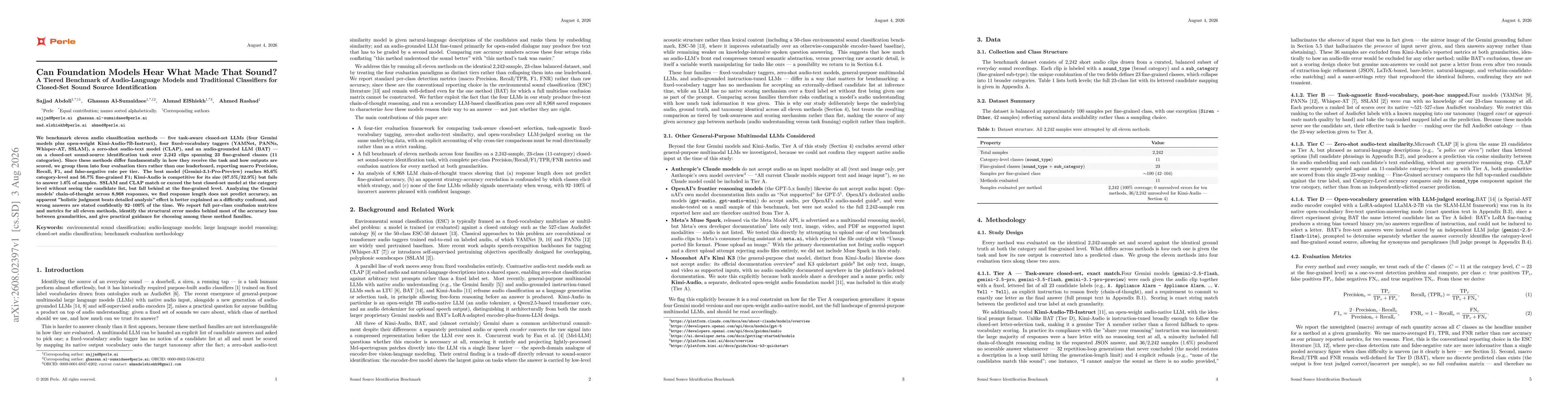 Thumbnail for Can Foundation Models Hear What Made That Sound? A Tiered Benchmark of Audio-Language Models and Traditional Classifiers for Closed-Set Sound Source Identification