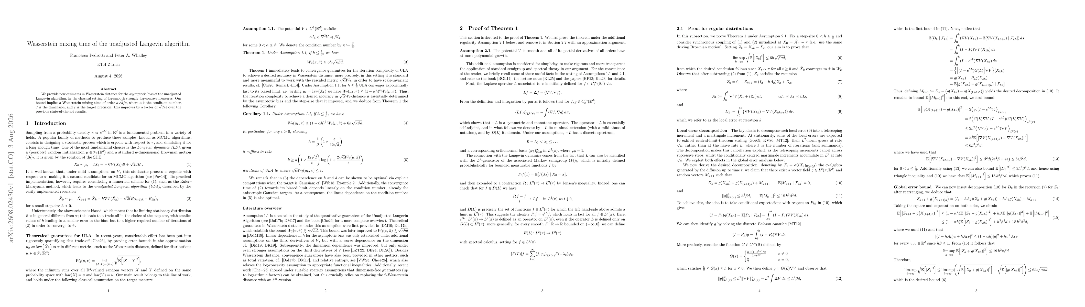 Thumbnail for Wasserstein mixing time of the unadjusted Langevin algorithm
