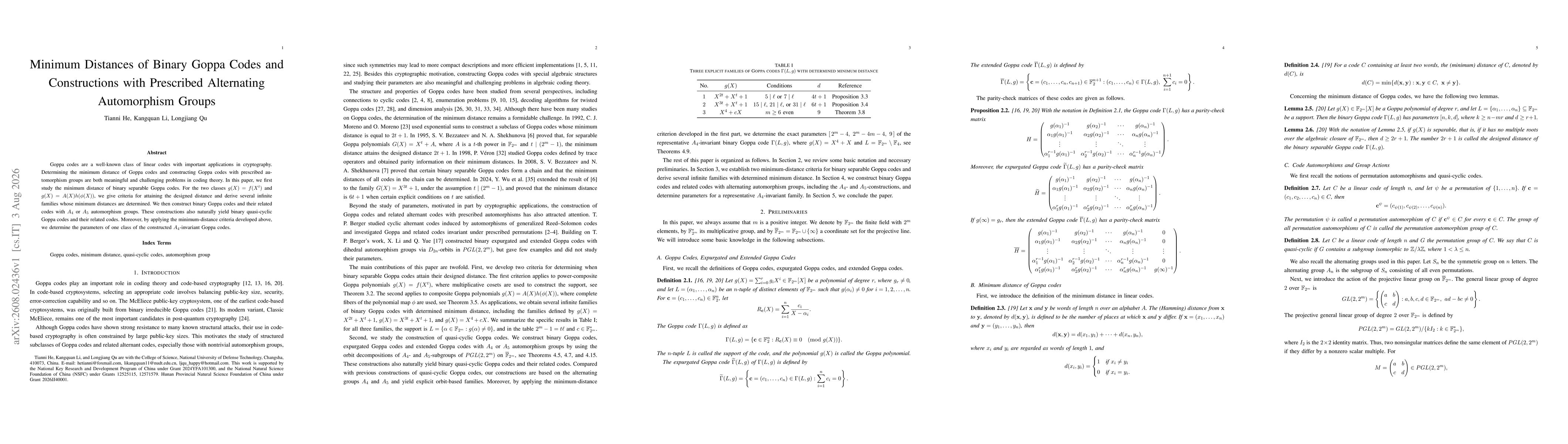 Thumbnail for Minimum Distances of Binary Goppa Codes and Constructions with Prescribed Alternating Automorphism Groups