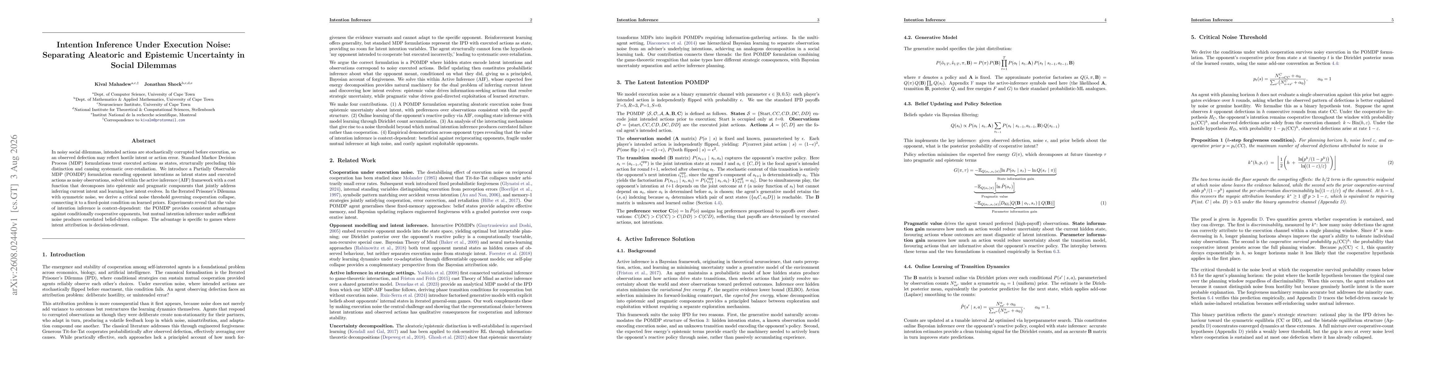 Thumbnail for Intention Inference Under Execution Noise: Separating Aleatoric and Epistemic Uncertainty in Social Dilemmas