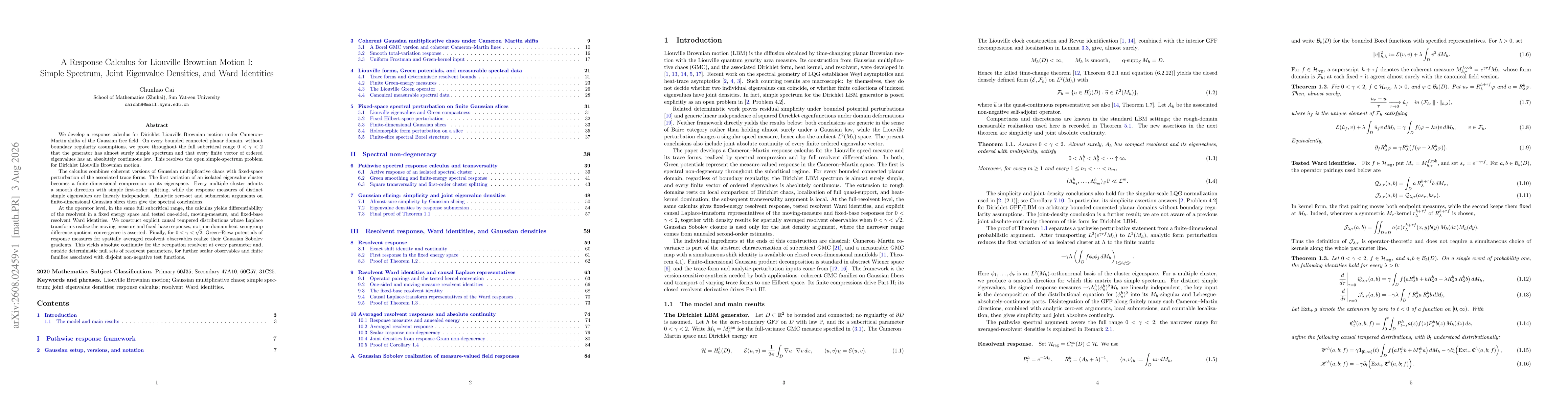 Thumbnail for A Response Calculus for Liouville Brownian Motion I: Simple Spectrum, Joint Eigenvalue Densities, and Ward Identities