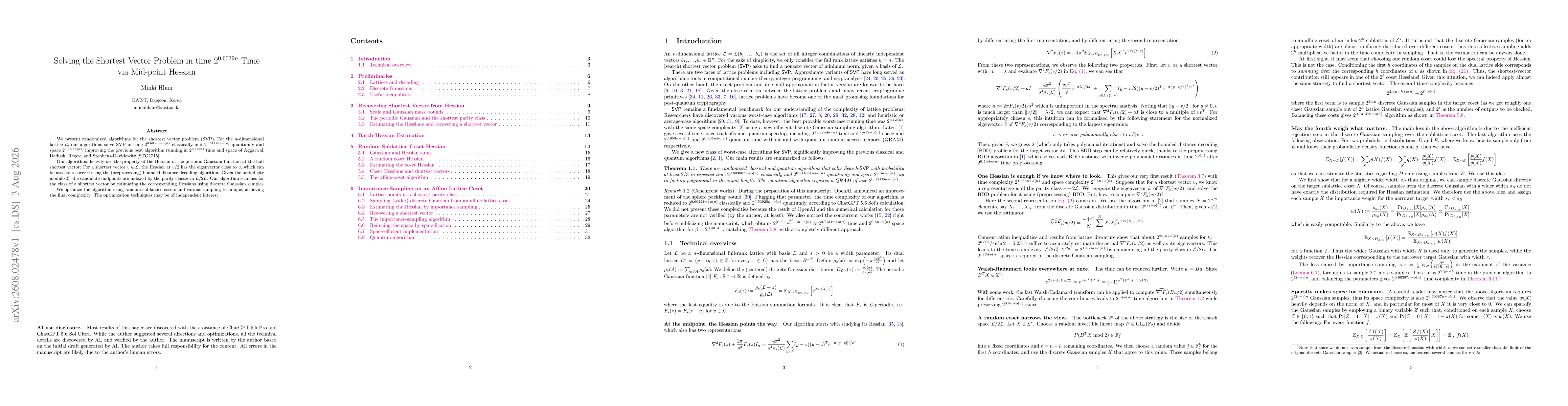 Thumbnail for Solving the Shortest Vector Problem in time $2^{0.6039n}$ Time via Mid-point Hessian