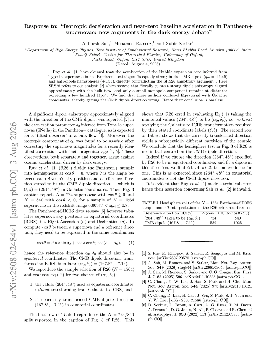 Thumbnail for Response to: "Isotropic deceleration and near-zero baseline acceleration in Pantheon+ supernovae: new arguments in the dark energy debate''