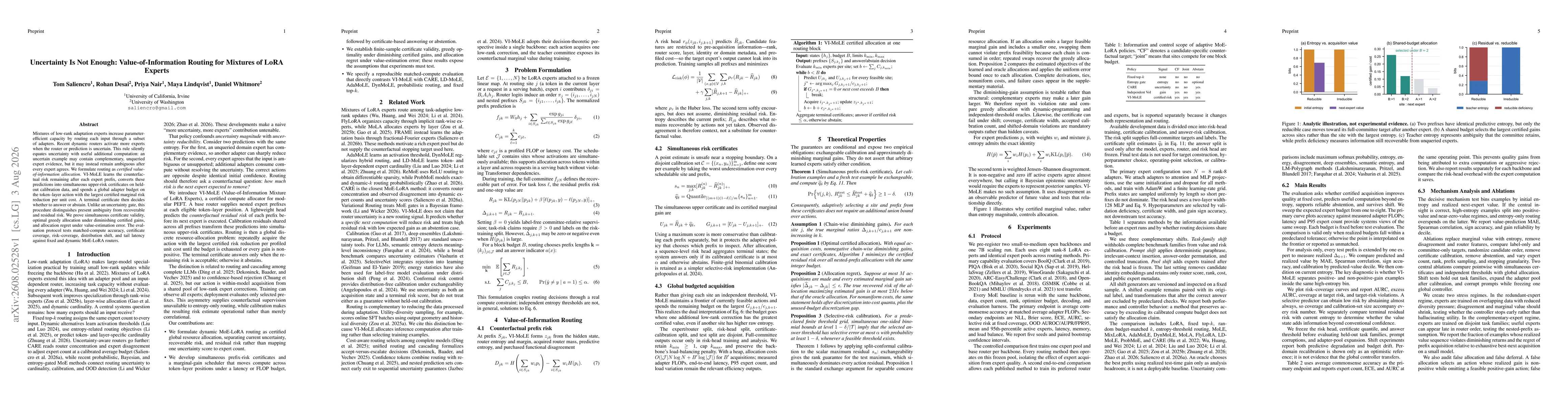 Thumbnail for Uncertainty Is Not Enough: Value-of-Information Routing for Mixtures of LoRA Experts