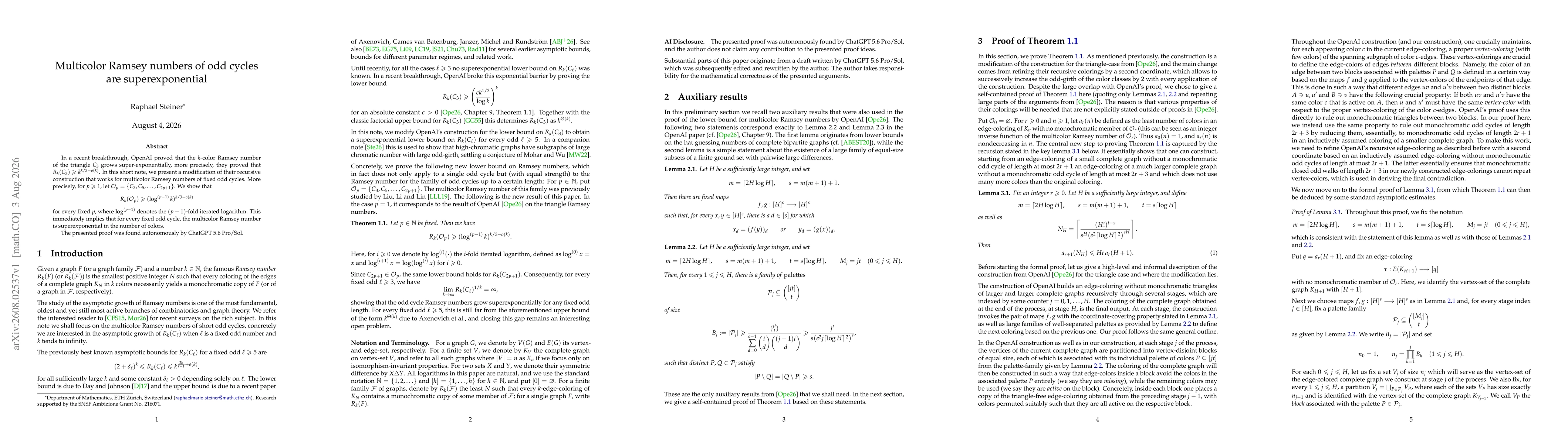 Thumbnail for Multicolor Ramsey numbers of odd cycles are superexponential