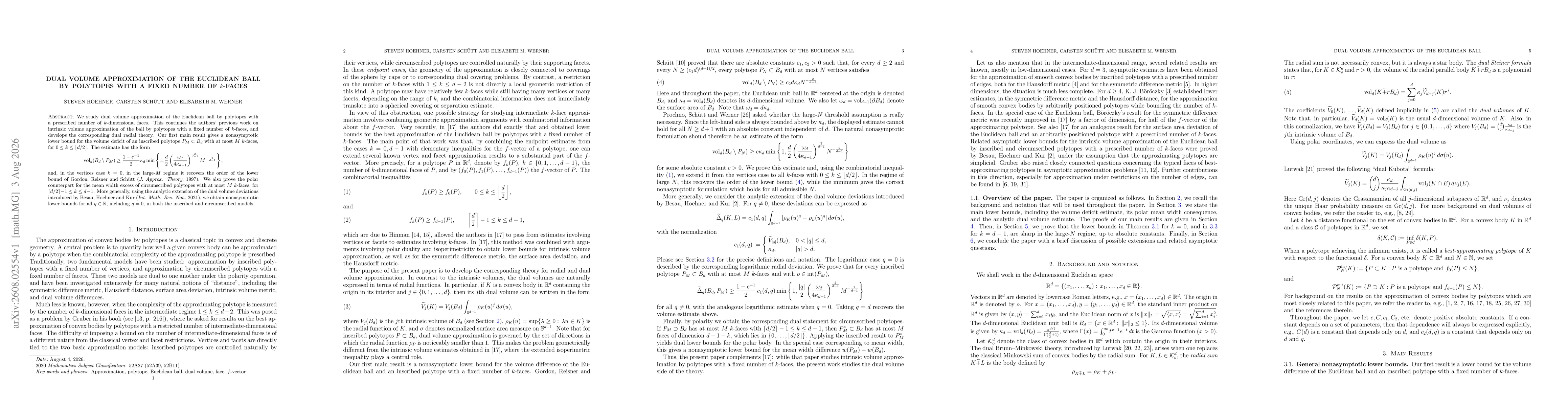 Thumbnail for Dual volume approximation of the Euclidean ball by polytopes with a fixed number of $k$-faces