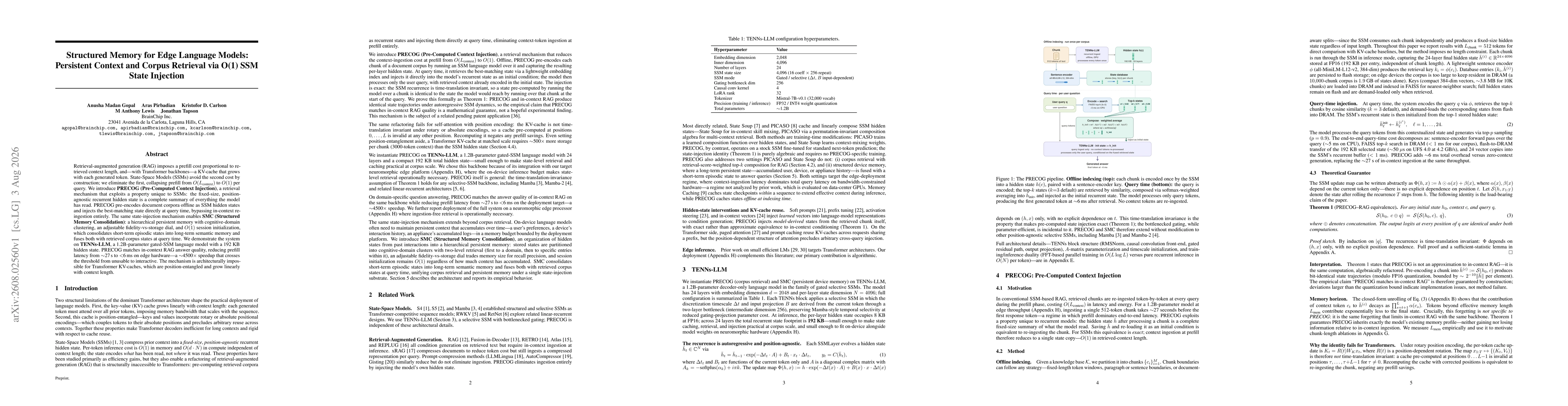 Thumbnail for Structured Memory for Edge Language Models: Persistent Context and Corpus Retrieval via O(1) SSM State Injection