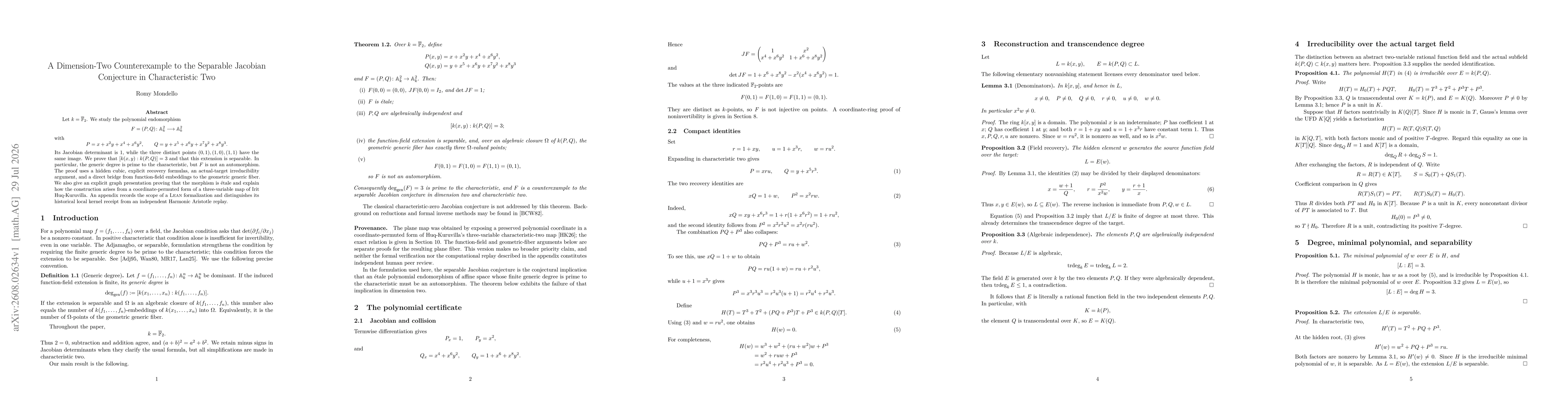 Thumbnail for A Dimension-Two Counterexample to the Separable Jacobian Conjecture in Characteristic Two