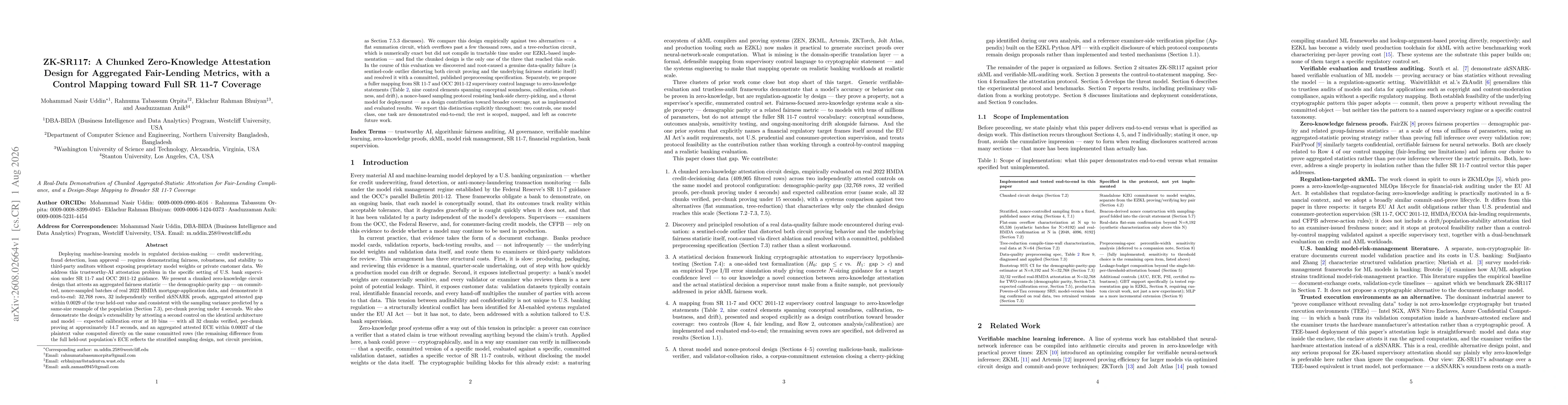 Thumbnail for ZK-SR117: A Chunked Zero-Knowledge Attestation Design for Aggregated Fair-Lending Metrics, with a Control Mapping toward Full SR 11-7 Coverage