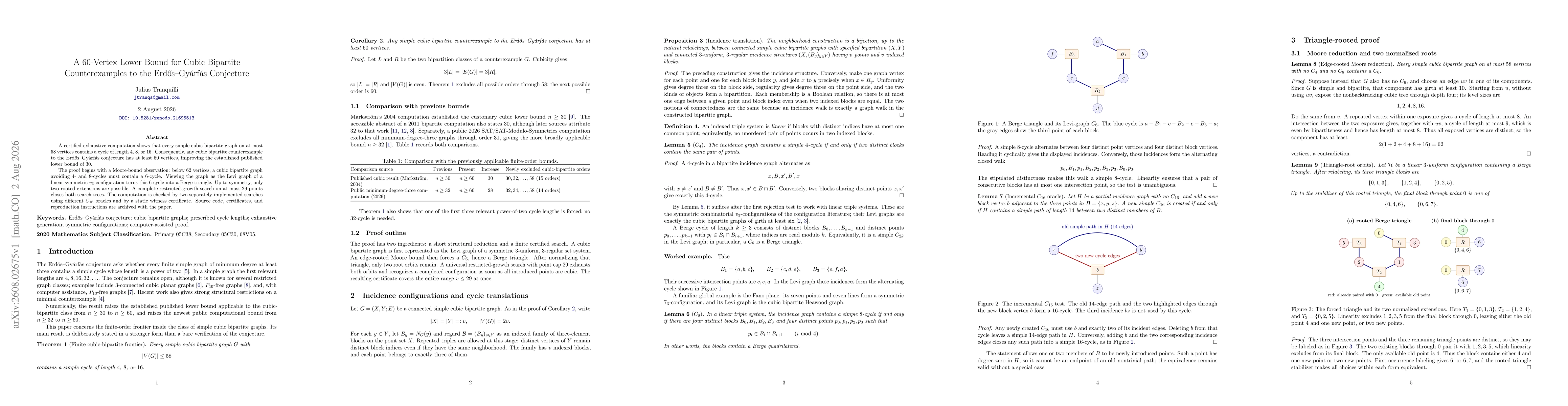 Thumbnail for A 60-Vertex Lower Bound for Cubic Bipartite Counterexamples to the Erdős-Gyárfás Conjecture