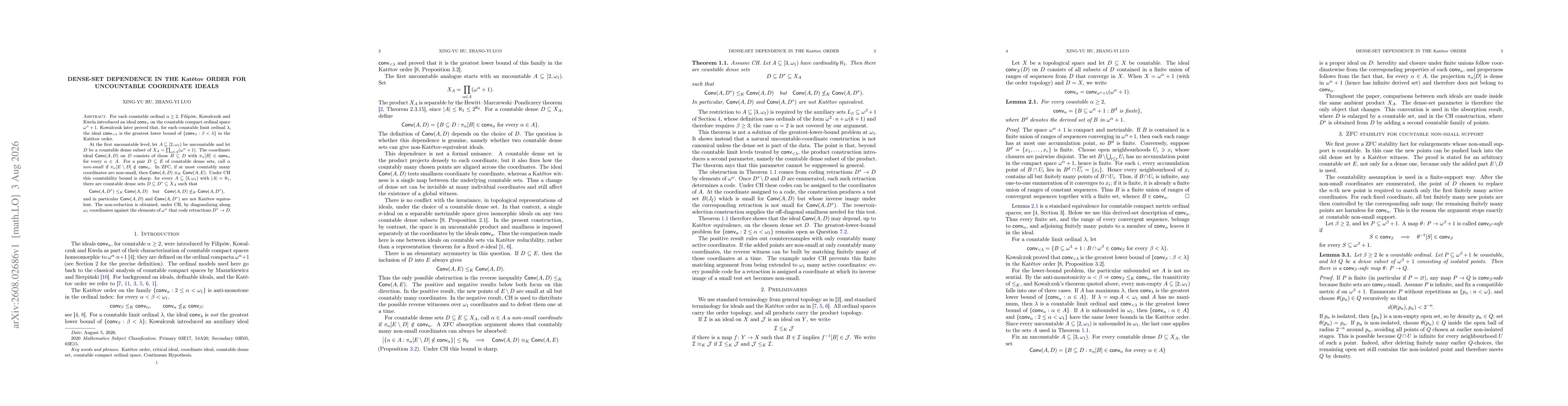 Thumbnail for Dense-set dependence in the Katětov order for uncountable coordinate ideals