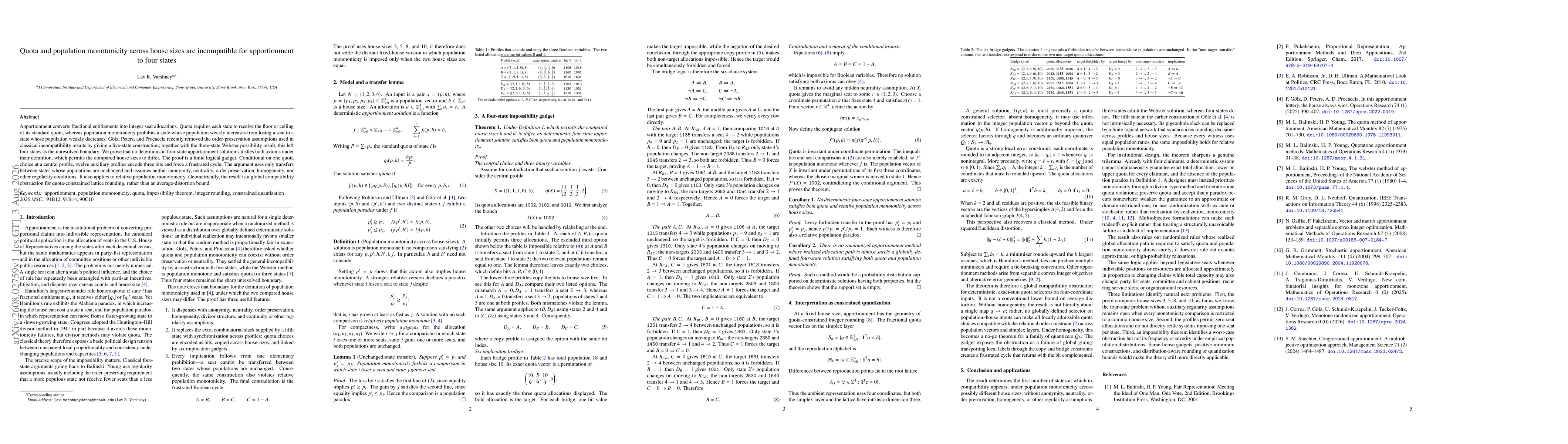 Thumbnail for Quota and population monotonicity across house sizes are incompatible for apportionment to four states