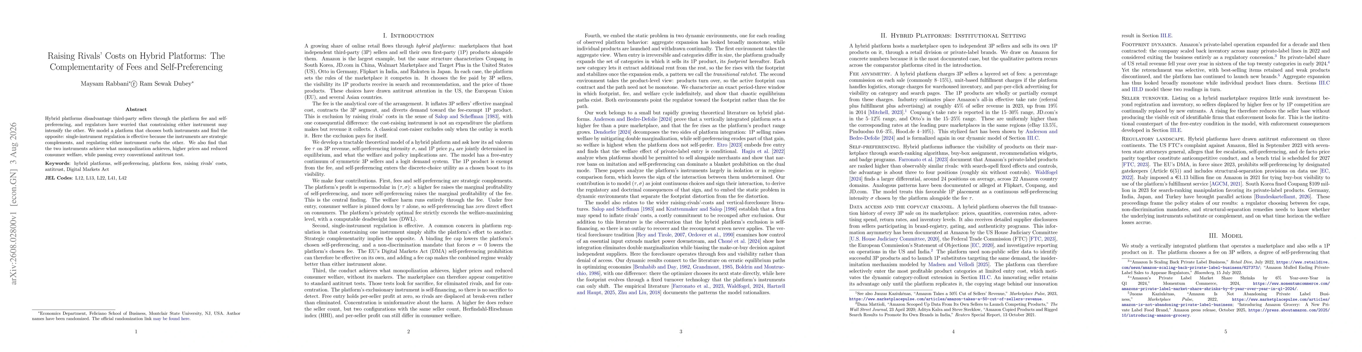 Thumbnail for Raising Rivals' Costs on Hybrid Platforms: The Complementarity of Fees and Self-Preferencing