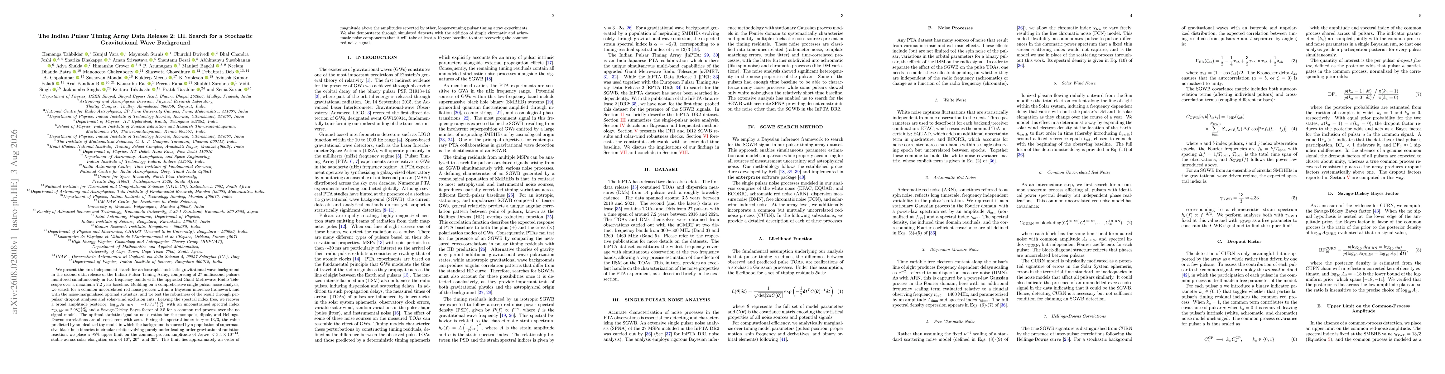 Thumbnail for The Indian Pulsar Timing Array Data Release 2: III. Search for a Stochastic Gravitational Wave Background