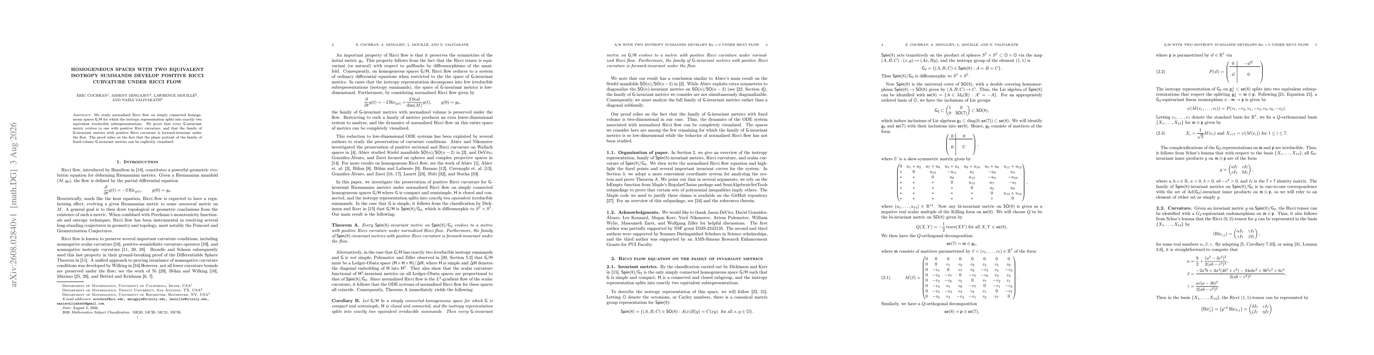 Thumbnail for Homogeneous spaces with two equivalent isotropy summands develop positive Ricci curvature under Ricci flow