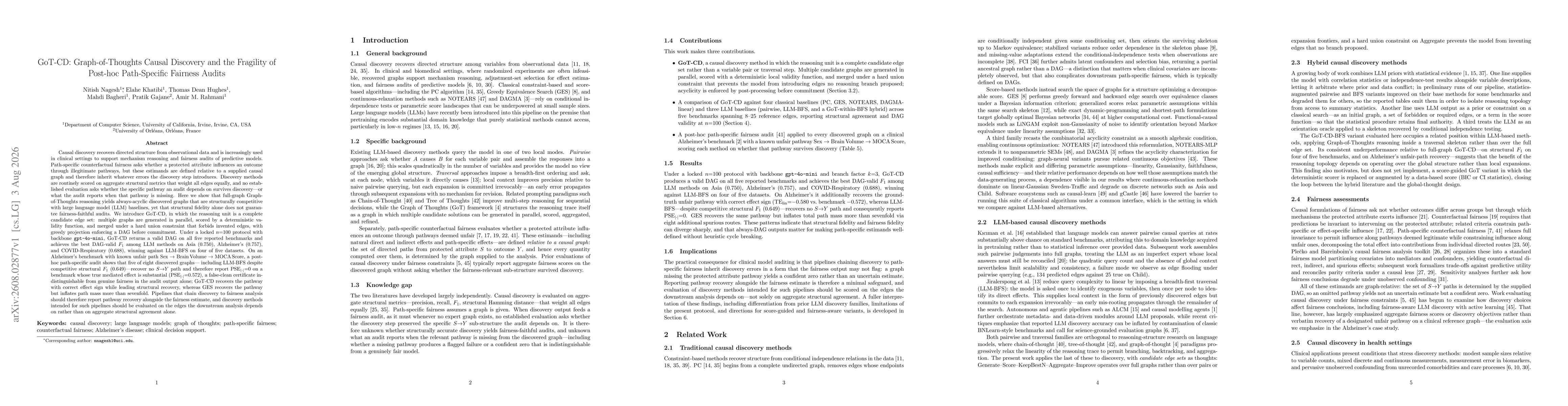 Thumbnail for GoT-CD: Graph-of-Thoughts Causal Discovery and the Fragility of Post-hoc Path-Specific Fairness Audits