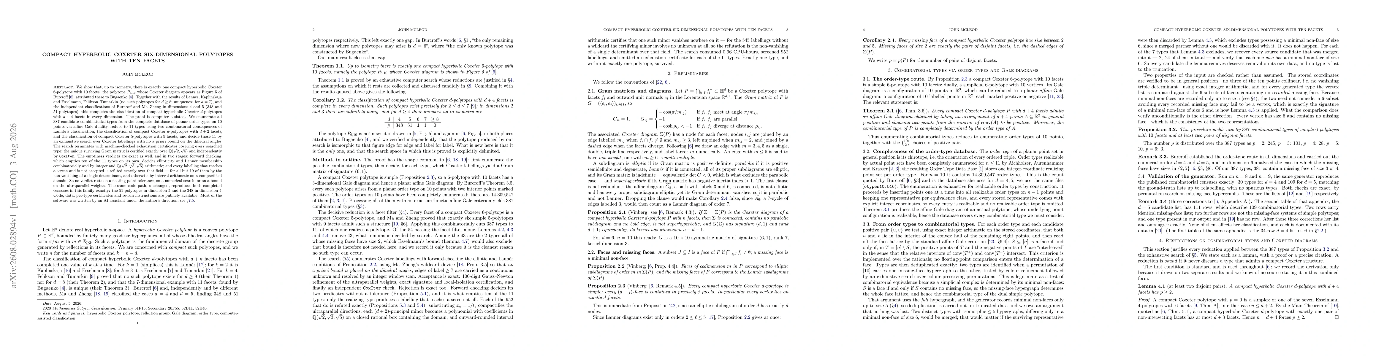 Thumbnail for Compact Hyperbolic Coxeter Six-dimensional Polytopes With Ten Facets