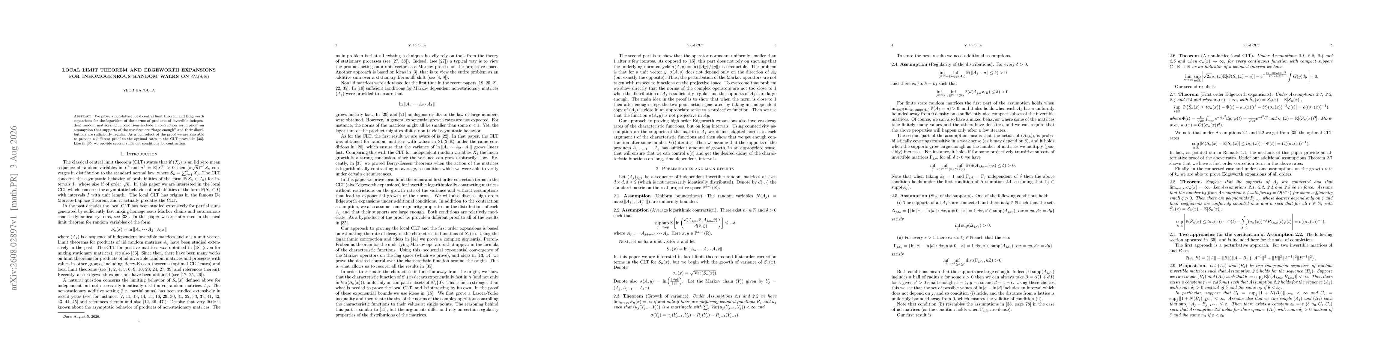 Thumbnail for Local limit theorem and Edgeworth expansions for inhomogeneous random walks on $GL(d,\mathbb R)$