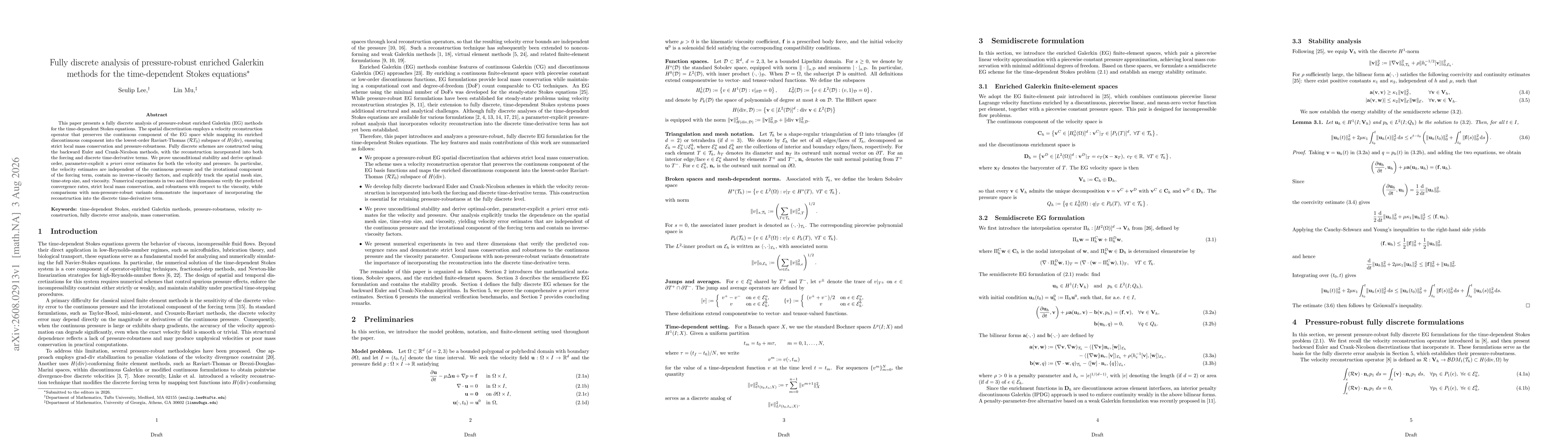 Thumbnail for Fully discrete analysis of pressure-robust enriched Galerkin methods for the time-dependent Stokes equations
