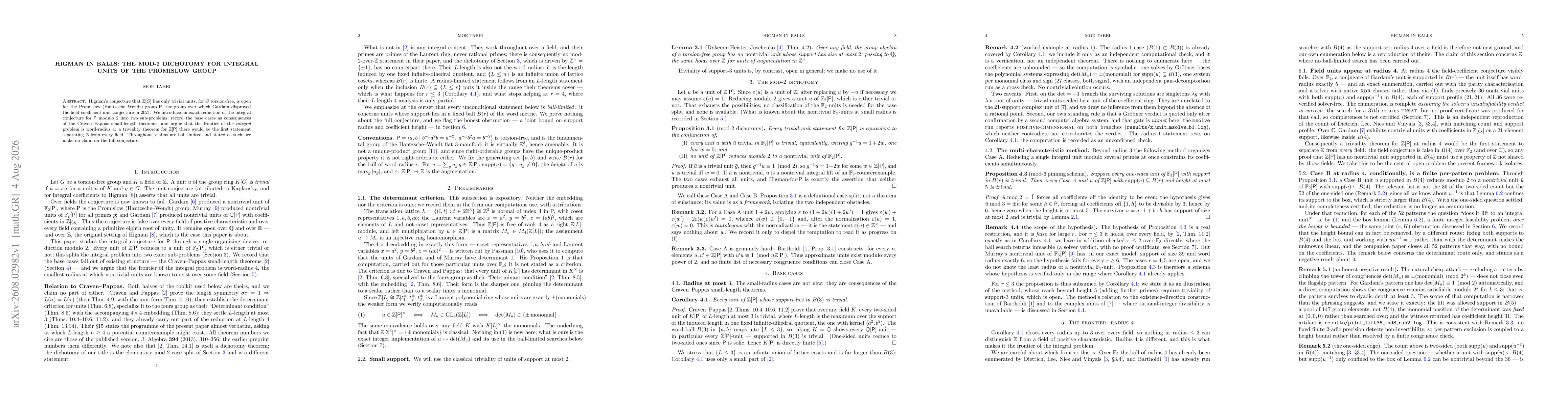 Thumbnail for Higman in balls: the mod-2 dichotomy for integral units of the Promislow group