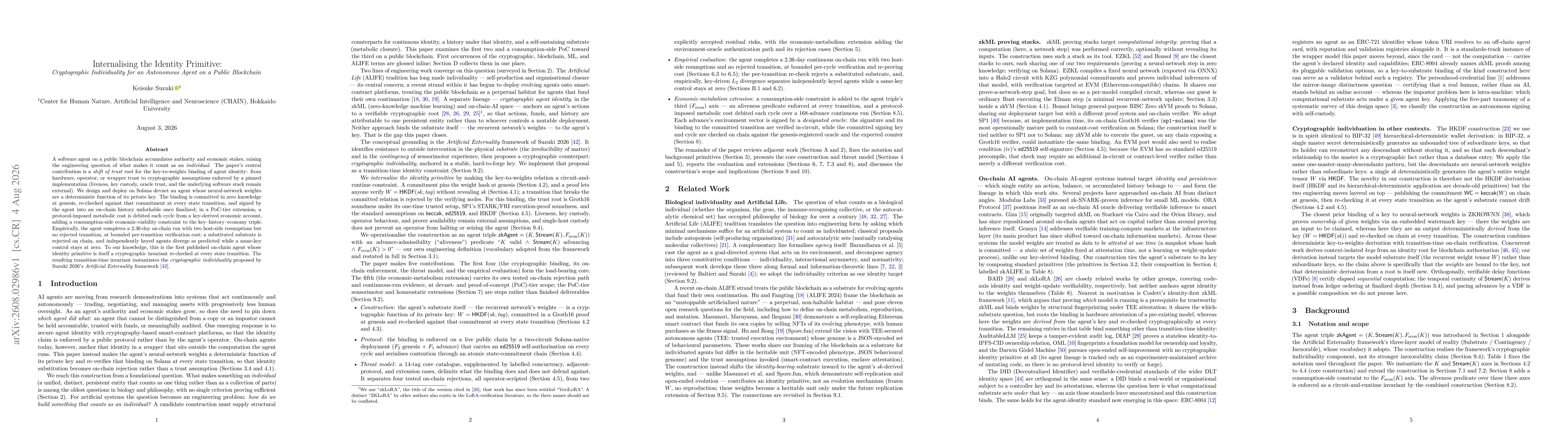 Thumbnail for Internalising the Identity Primitive: Cryptographic Individuality for an Autonomous Agent on a Public Blockchain