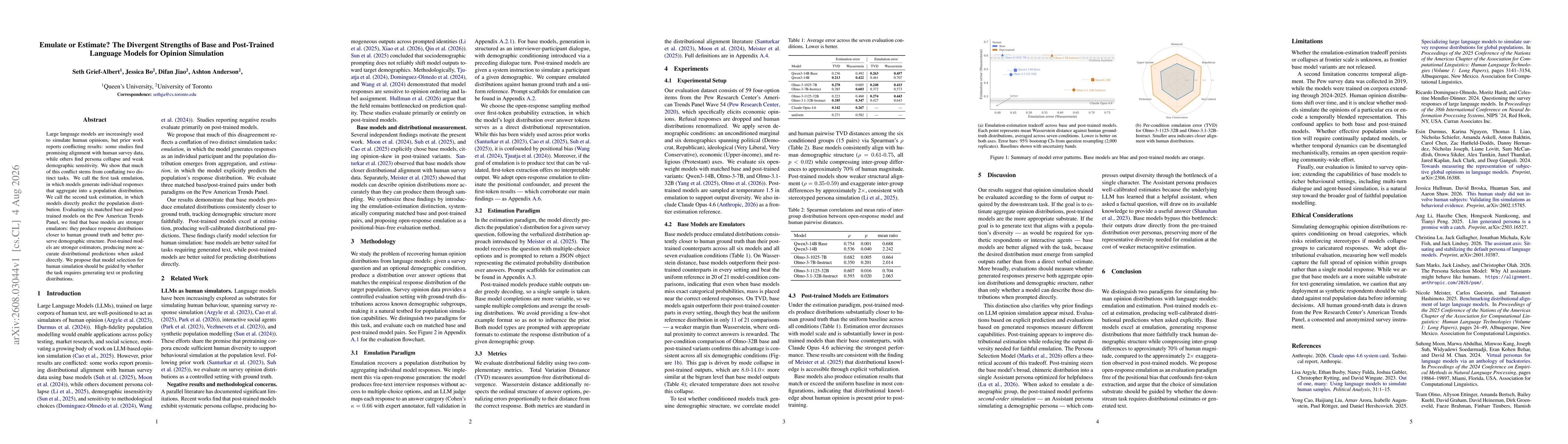 Thumbnail for Emulate or Estimate? The Divergent Strengths of Base and Post-Trained Language Models for Opinion Simulation