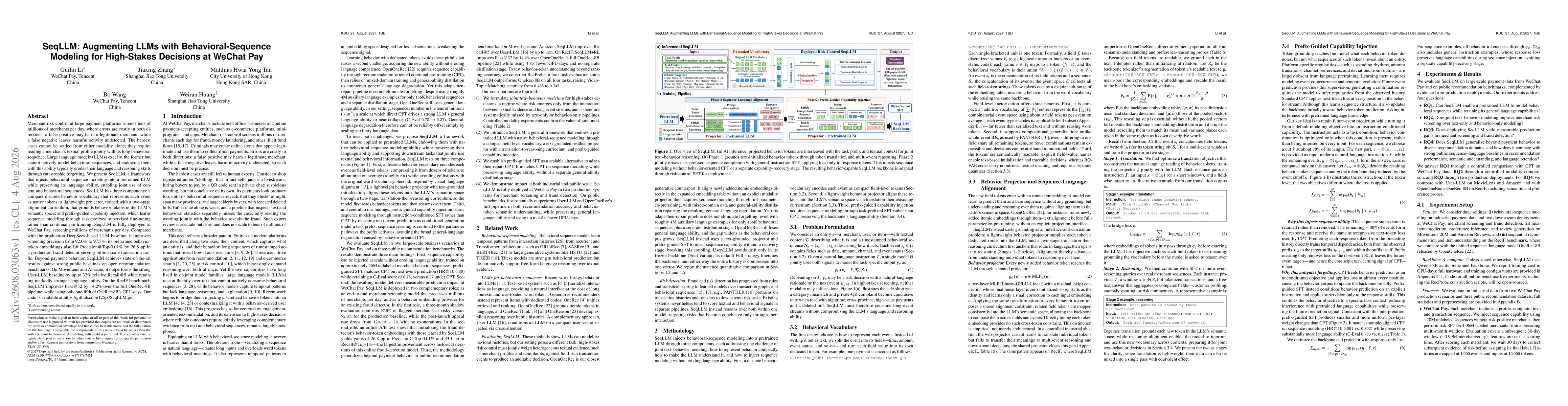 Thumbnail for SeqLLM: Augmenting LLMs with Behavioral-Sequence Modeling for High-Stakes Decisions at WeChat Pay