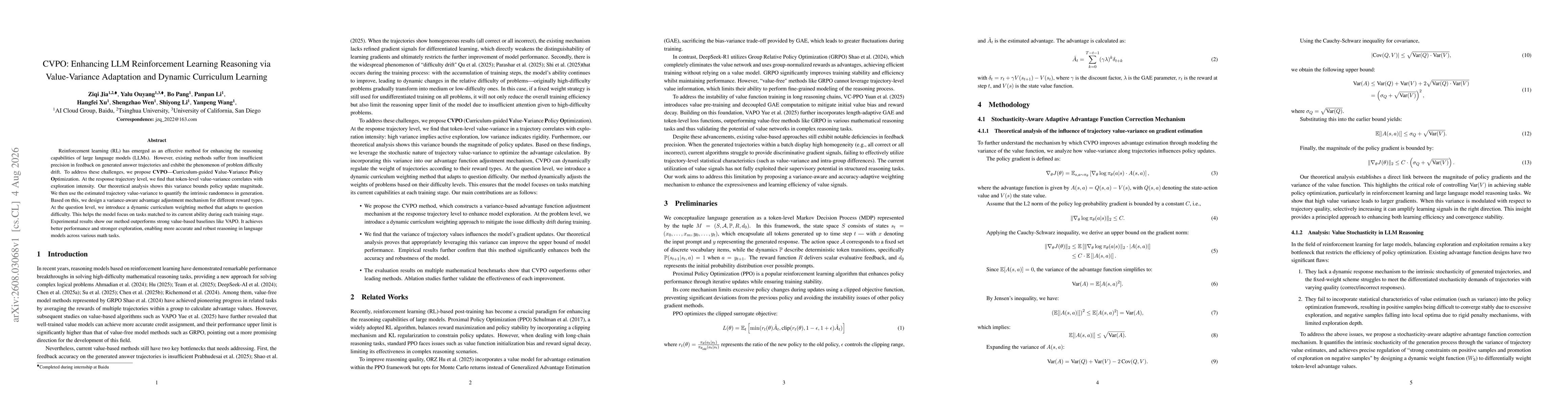 Thumbnail for CVPO: Enhancing LLM Reinforcement Learning Reasoning via Value-Variance Adaptation and Dynamic Curriculum Learning