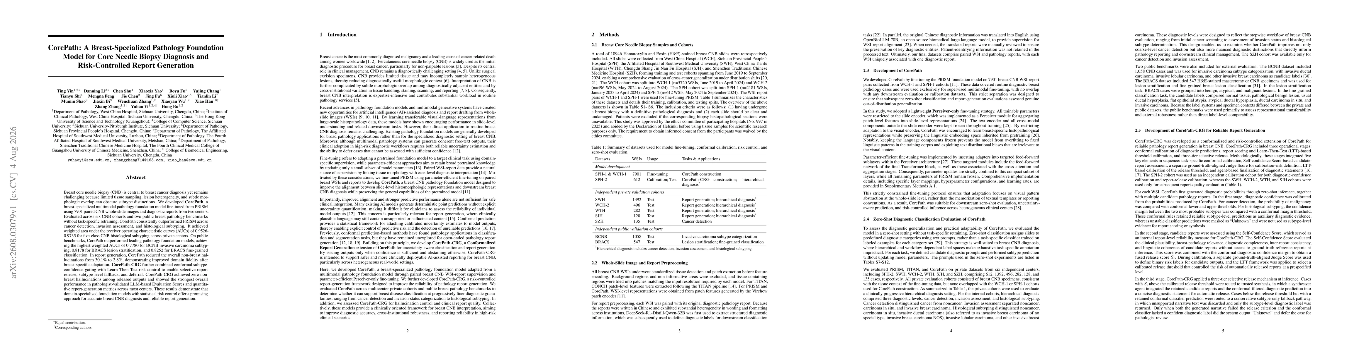 Thumbnail for CorePath: A Breast-Specialized Pathology Foundation Model for Core Needle Biopsy Diagnosis and Risk-Controlled Report Generation