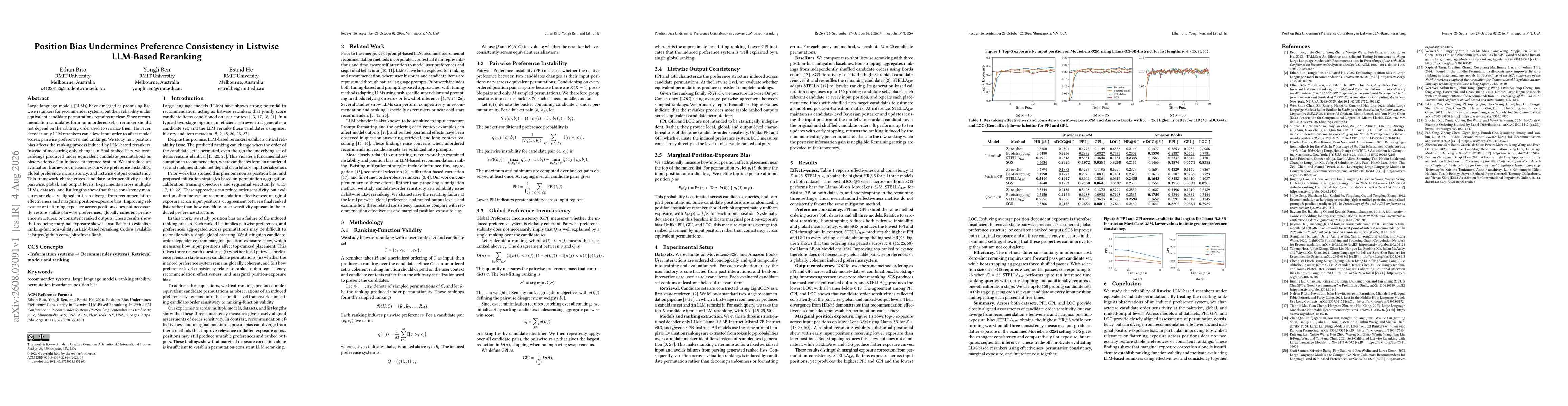 Thumbnail for Position Bias Undermines Preference Consistency in Listwise LLM-Based Reranking