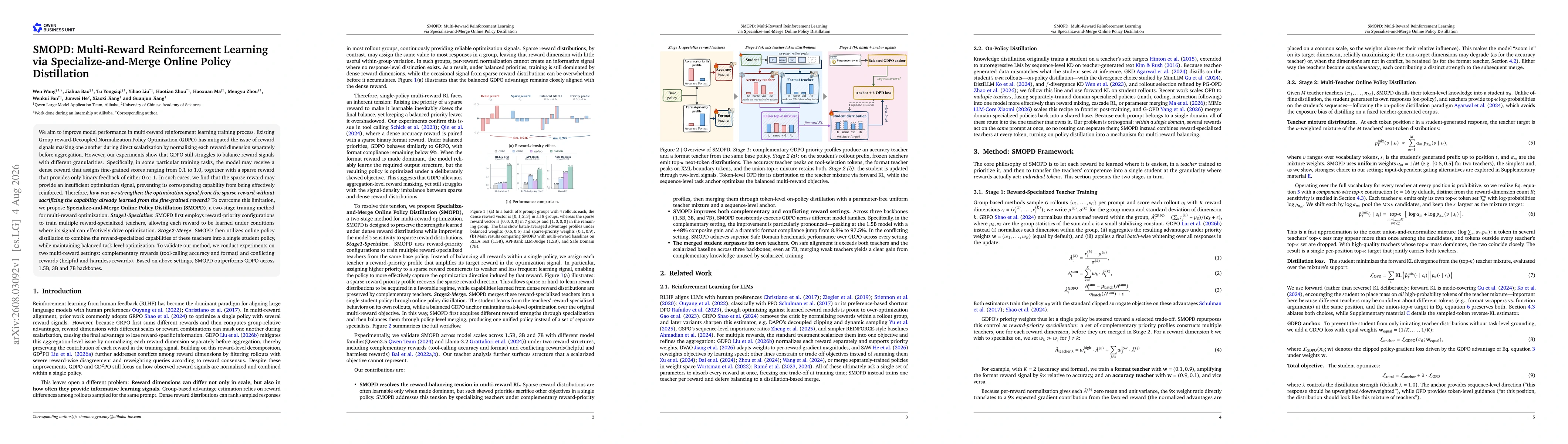 Thumbnail for SMOPD: Multi-Reward Reinforcement Learning via Specialize-and-Merge Online Policy Distillation