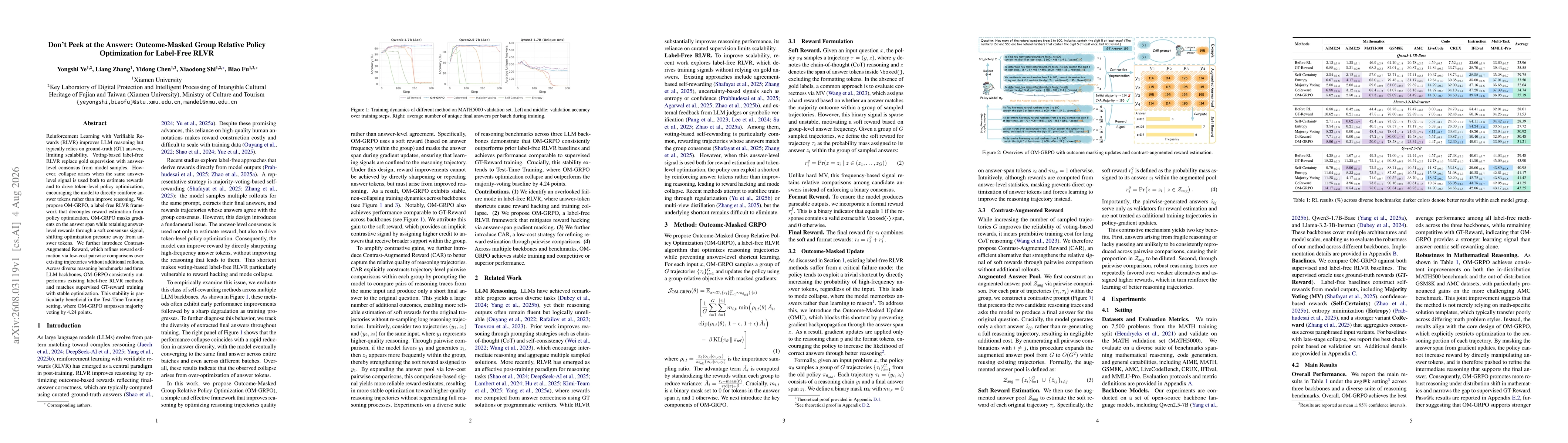 Thumbnail for Don't Peek at the Answer: Outcome-Masked Group Relative Policy Optimization for Label-Free RLVR