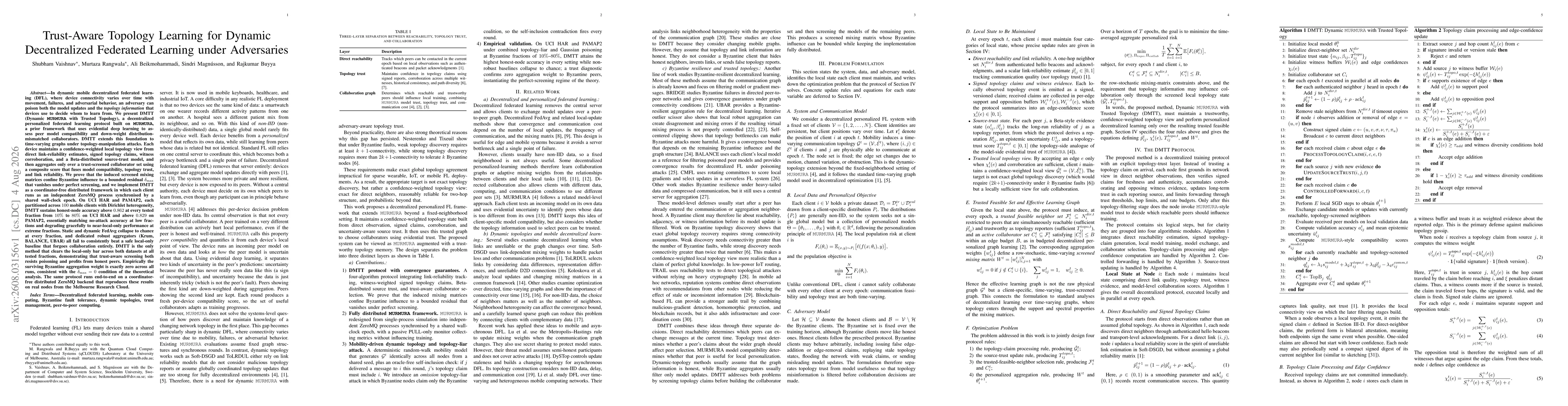 Thumbnail for Trust-Aware Topology Learning for Dynamic Decentralized Federated Learning under Adversaries
